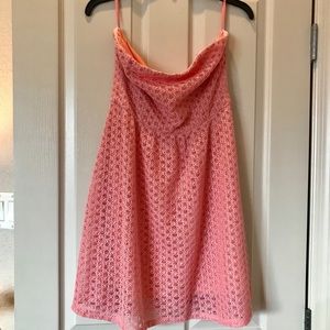 Pink strapless crochet dress. So comfortable!